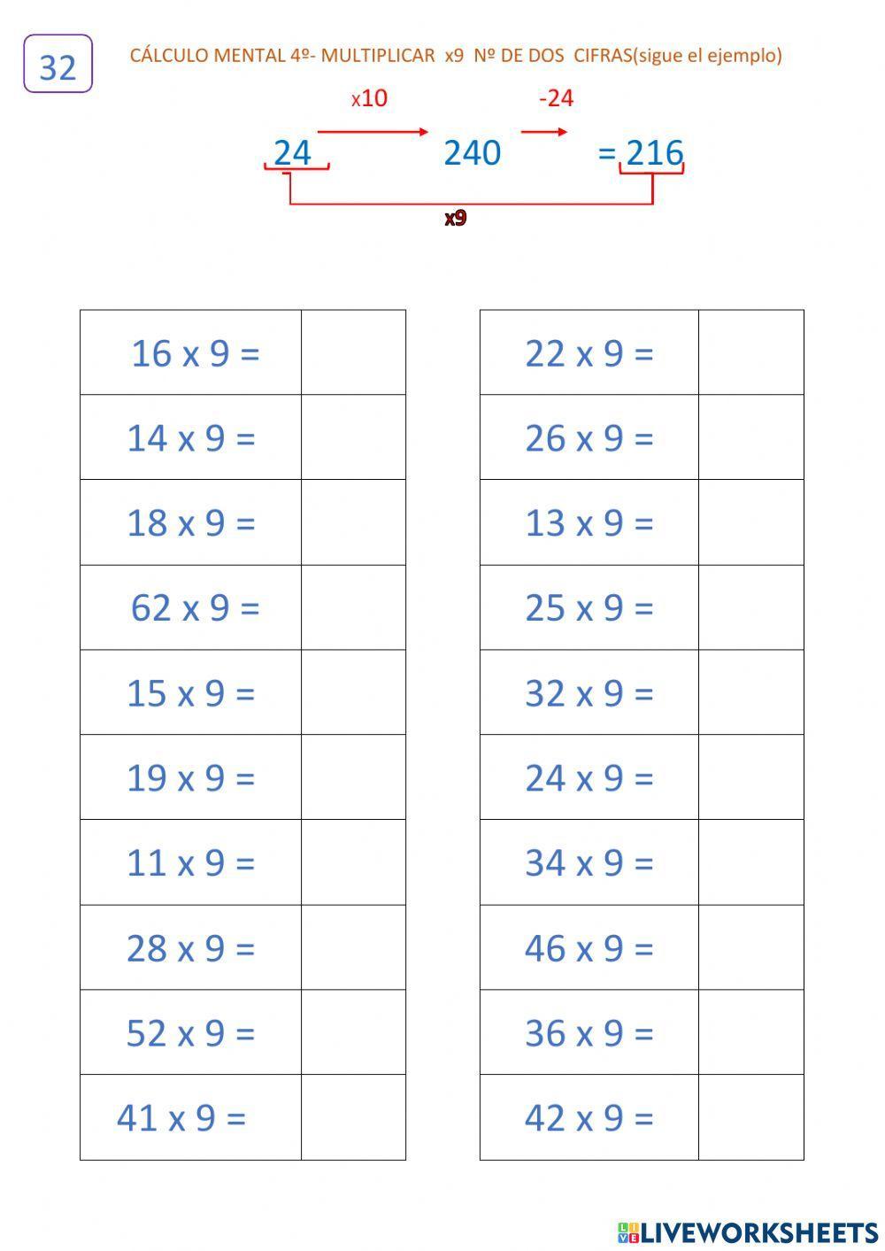 Cálculo 11.2 (ficha 32) Multiplicar por 9