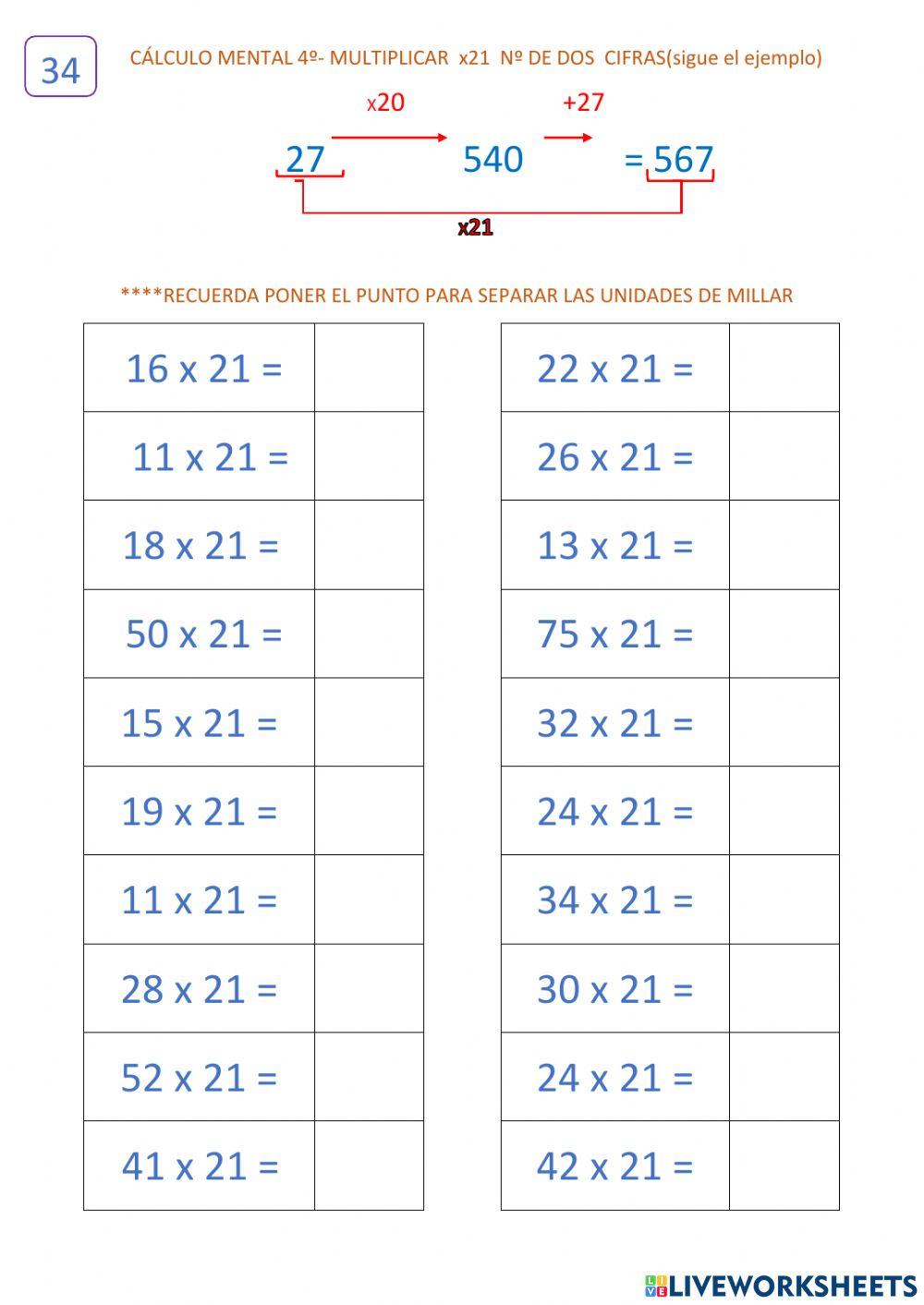 Cálculo 12.1(ficha 34) Multiplicar x21