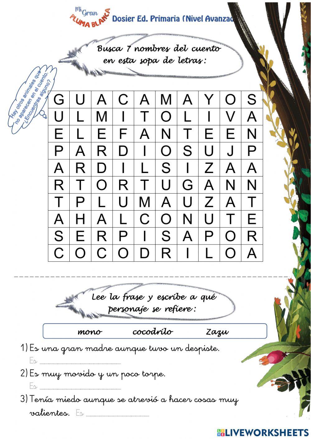 Pluma Blanca sopa de letras