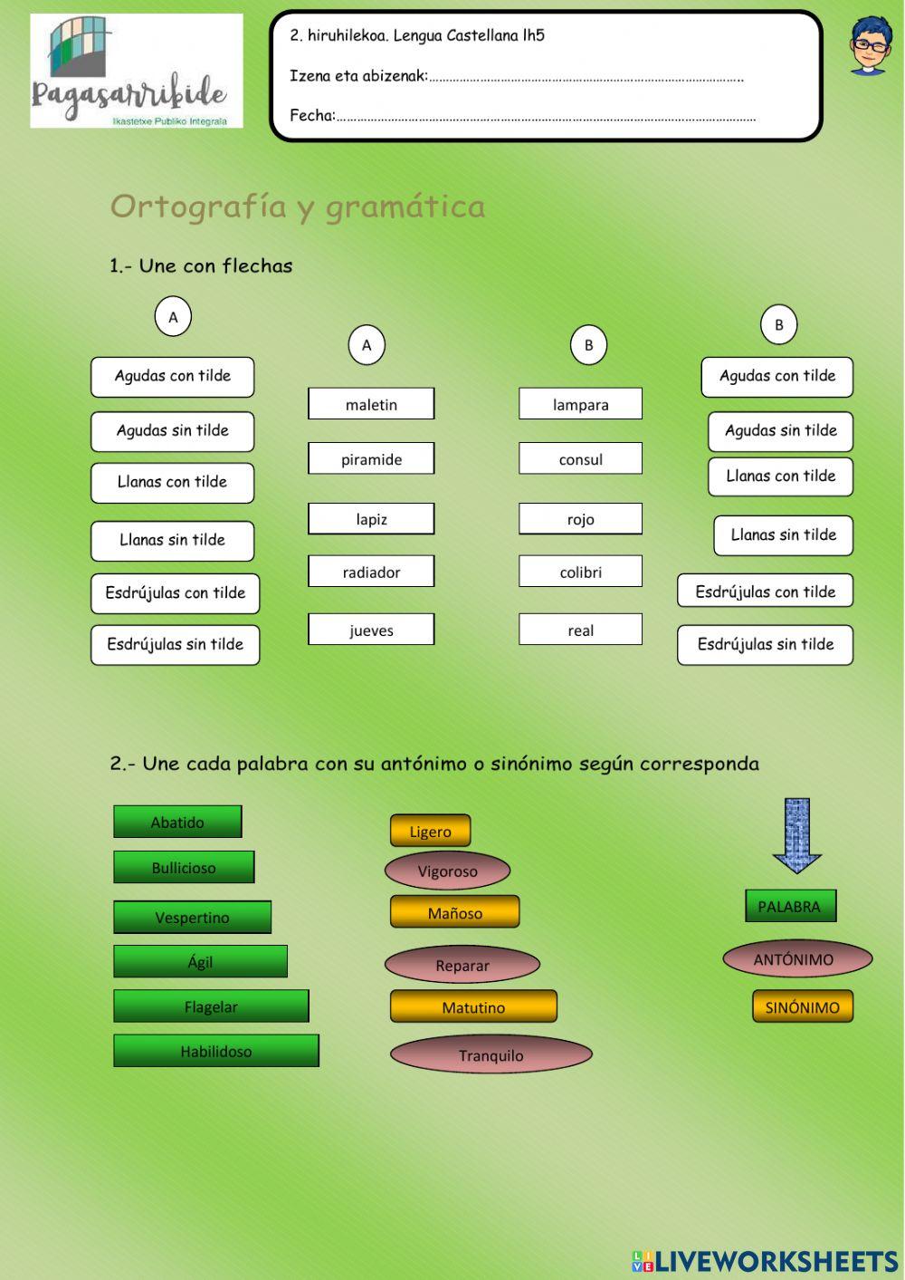 Acentuación, sinónimos , determinantes y tipos de nombres.
