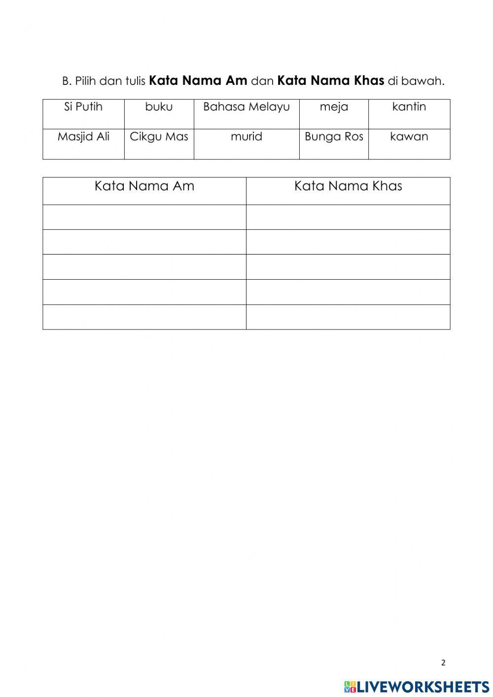 Susun Perkataan, kata nama am, kata nama khas