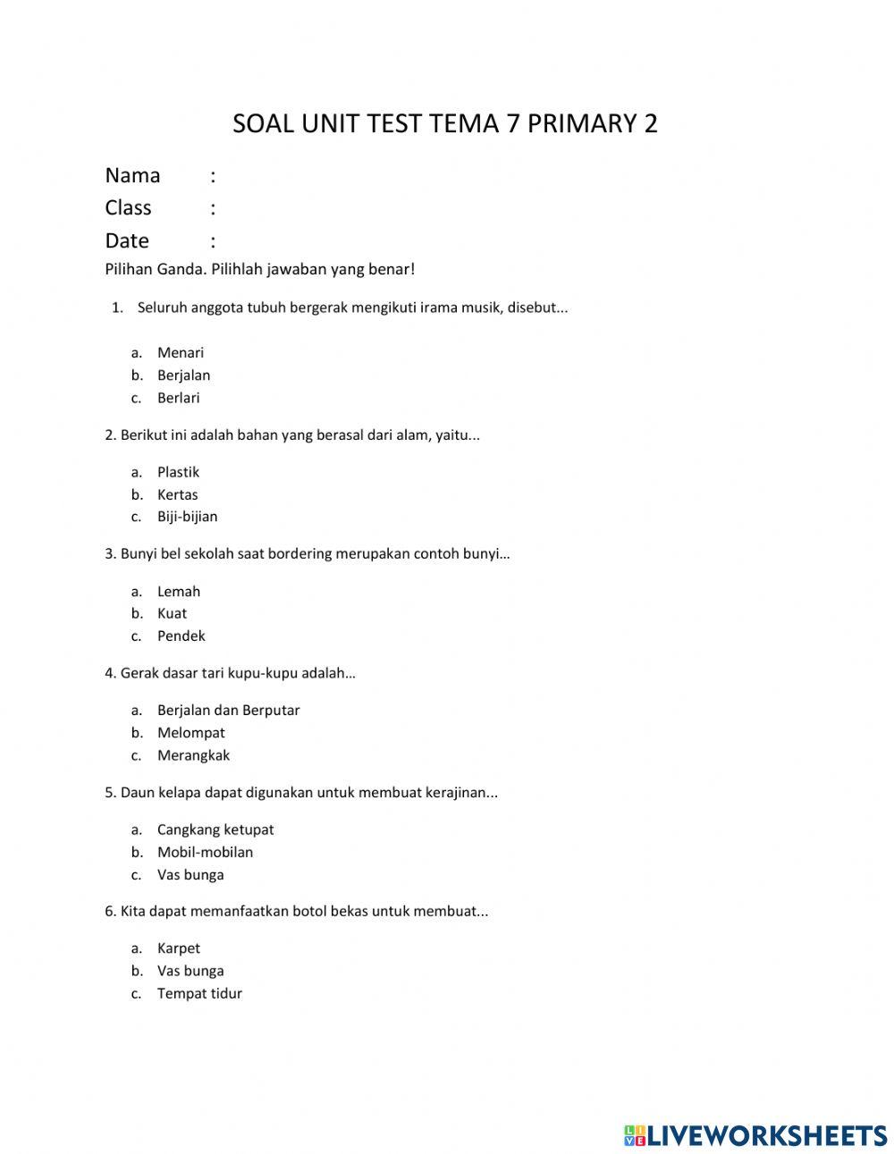 Soal Unit Test Tema 7 Primary 2