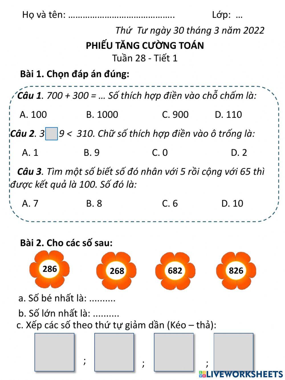 Phiếu Toán tuần 28