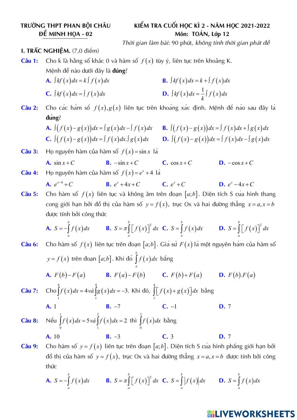Toán 12 - Kiểm tra CK2 - Đề minh họa 02