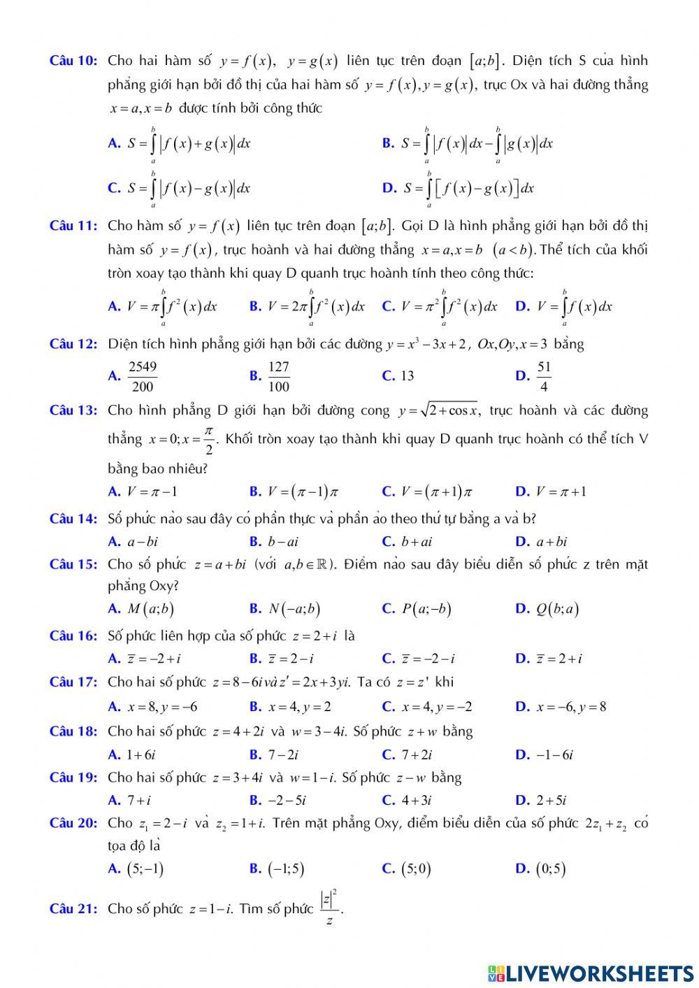 Toán 12 - Kiểm tra CK2 - Đề minh họa 02