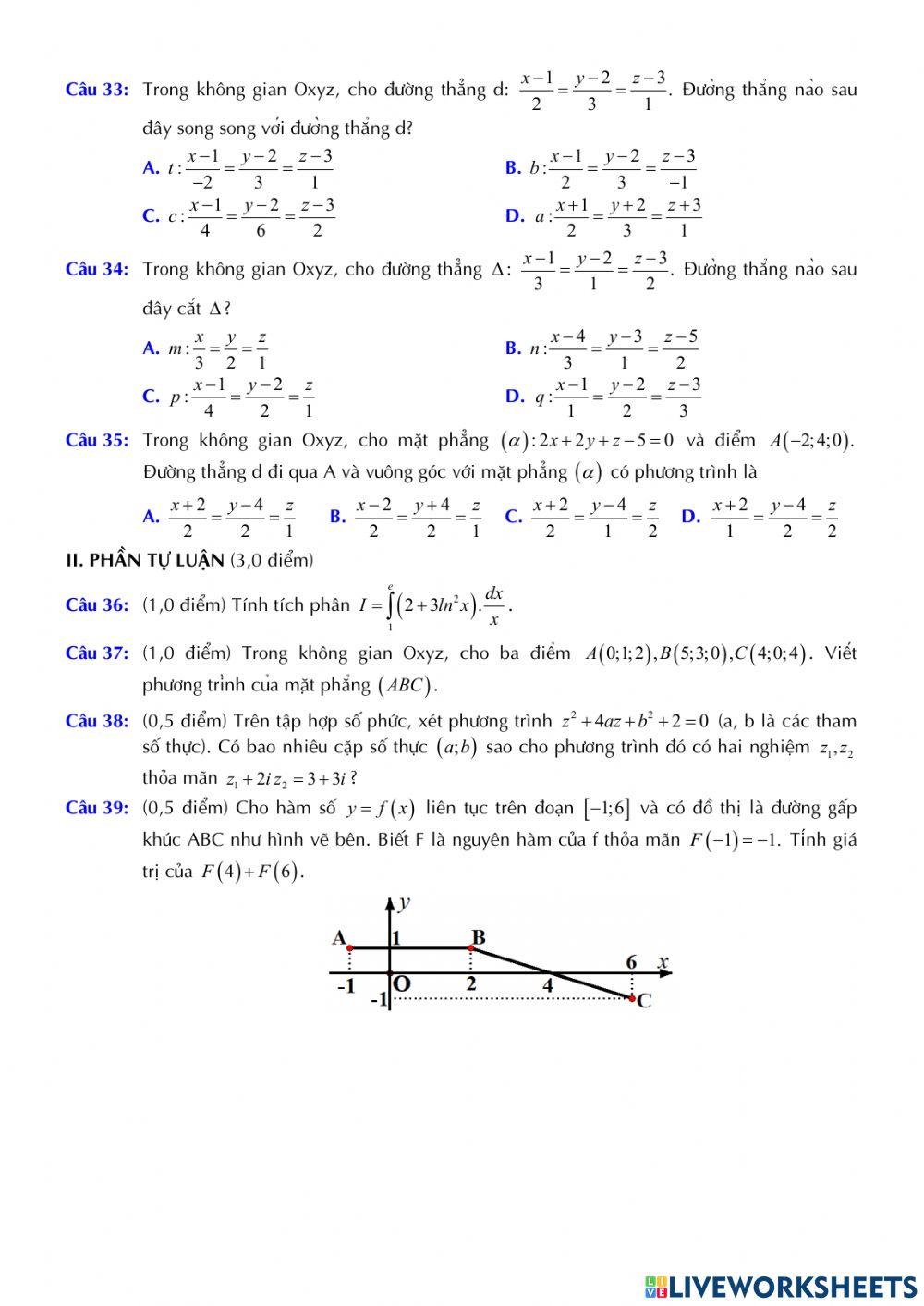 Toán 12 - Kiểm tra CK2 - Đề minh họa 02