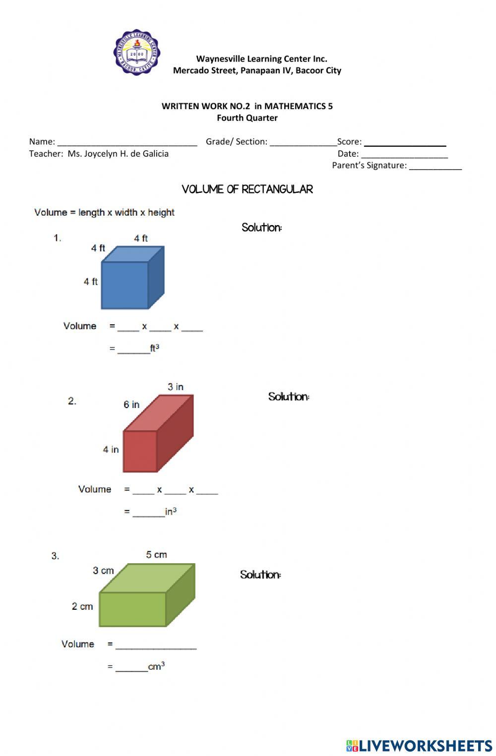 WW VOLUMEOFPRISMGRADE5 online exercise for Live Worksheets