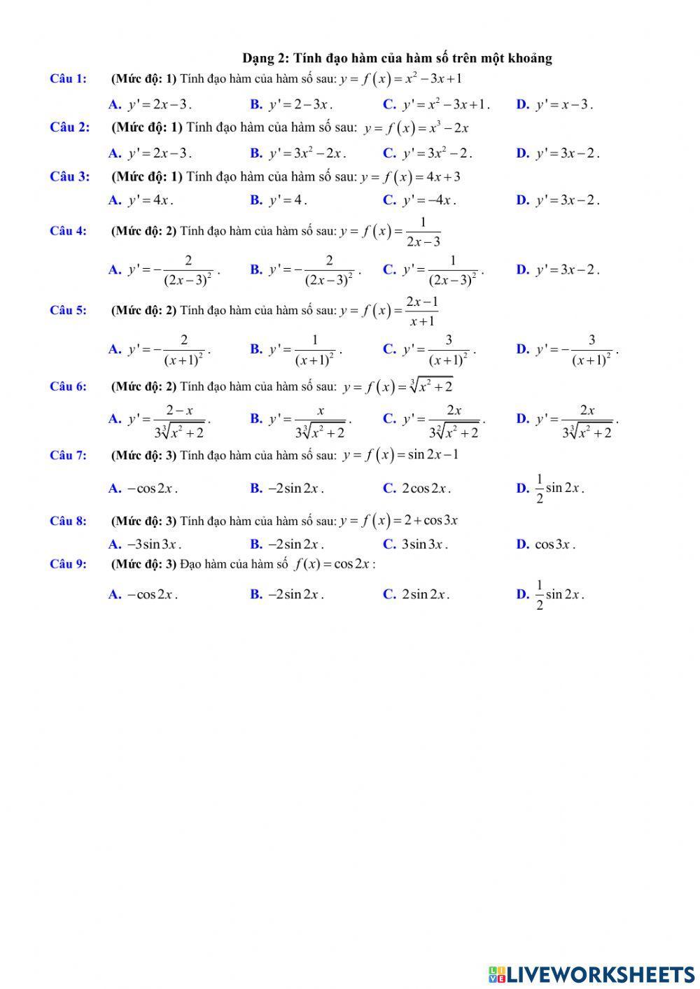 Dạng 2: Tính đạo hàm của hàm sốtrên 1 khoảng
