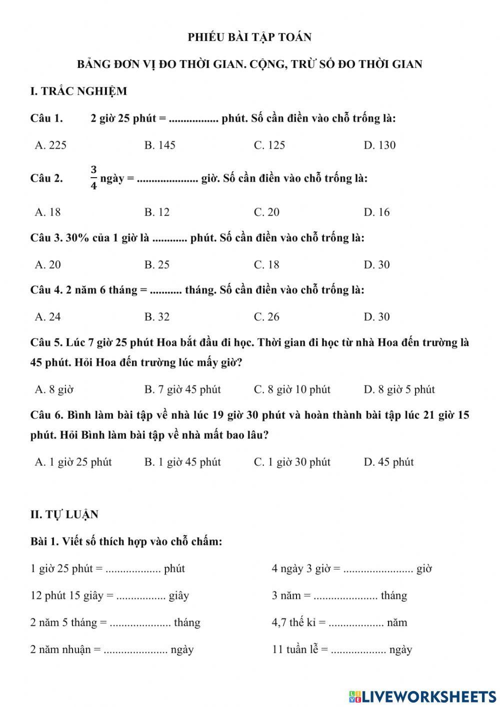 Bảng đơn vị đo thời gian