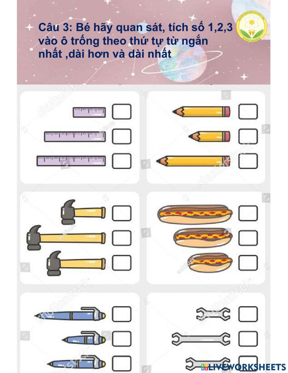 Toán: Ôn so sánh săp xếp chiều dài của 3 dối tượng