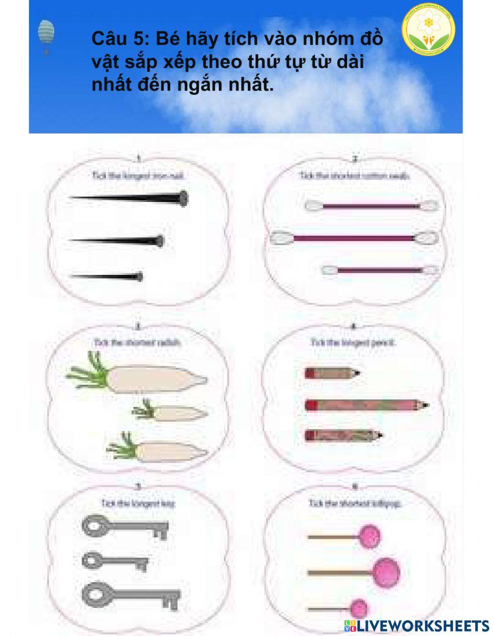 Toán: Ôn so sánh săp xếp chiều dài của 3 dối tượng