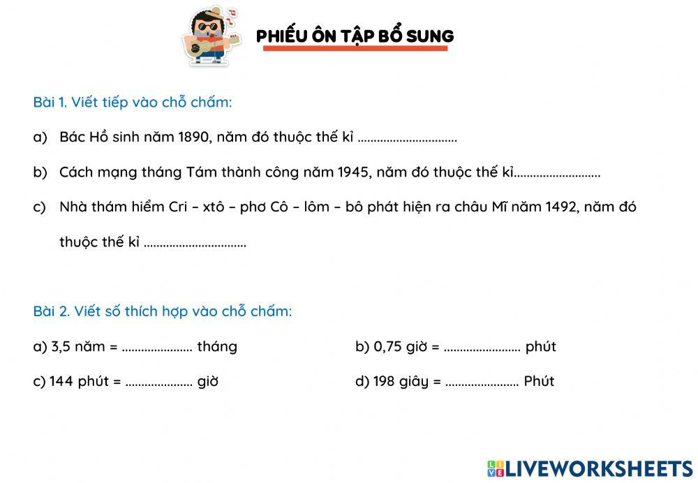Phiếu bải tập bổ sung