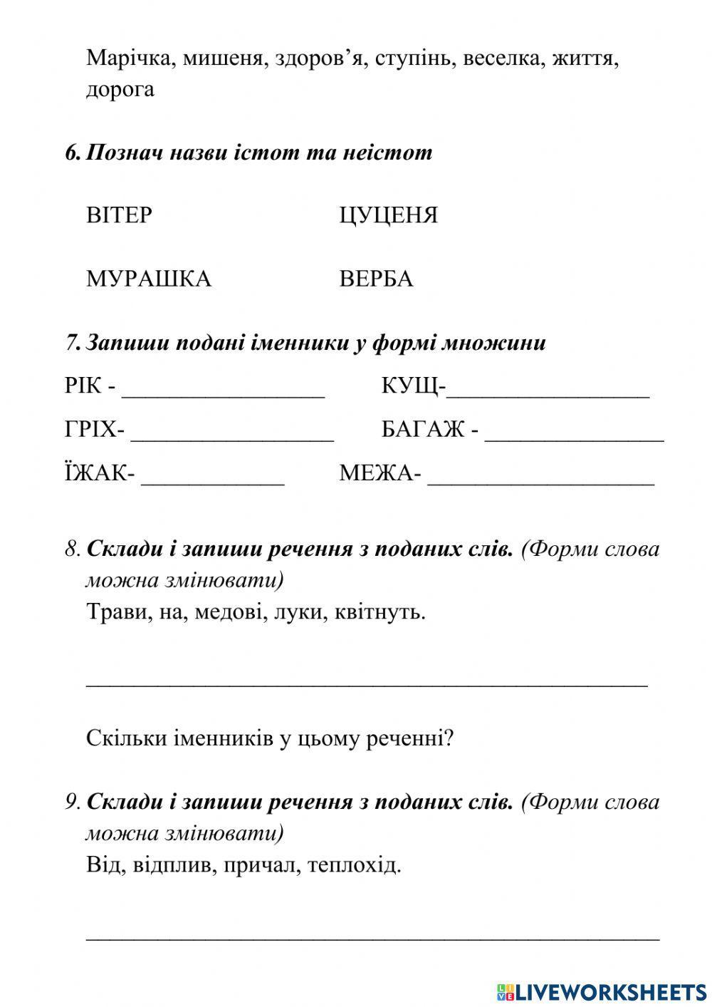 Іменник. Діагностувальна робота