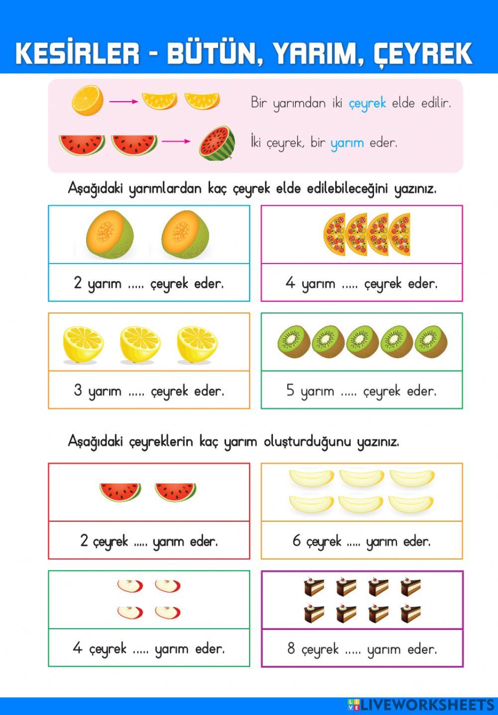 Kesirler, Bütün, Yarım, Çeyrek