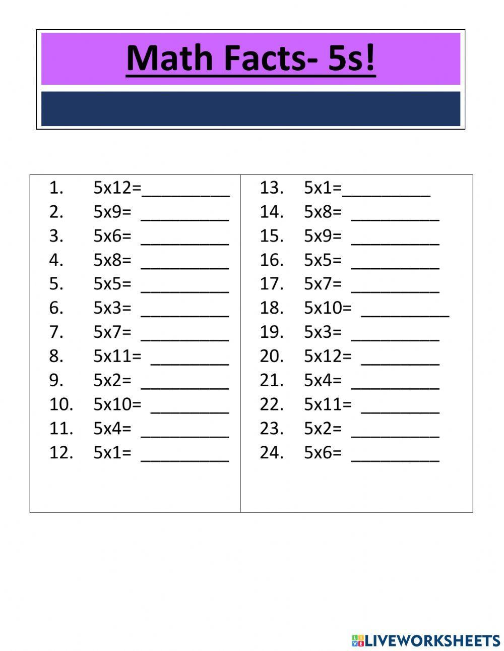 Multiplication Facts 5s worksheet Live Worksheets