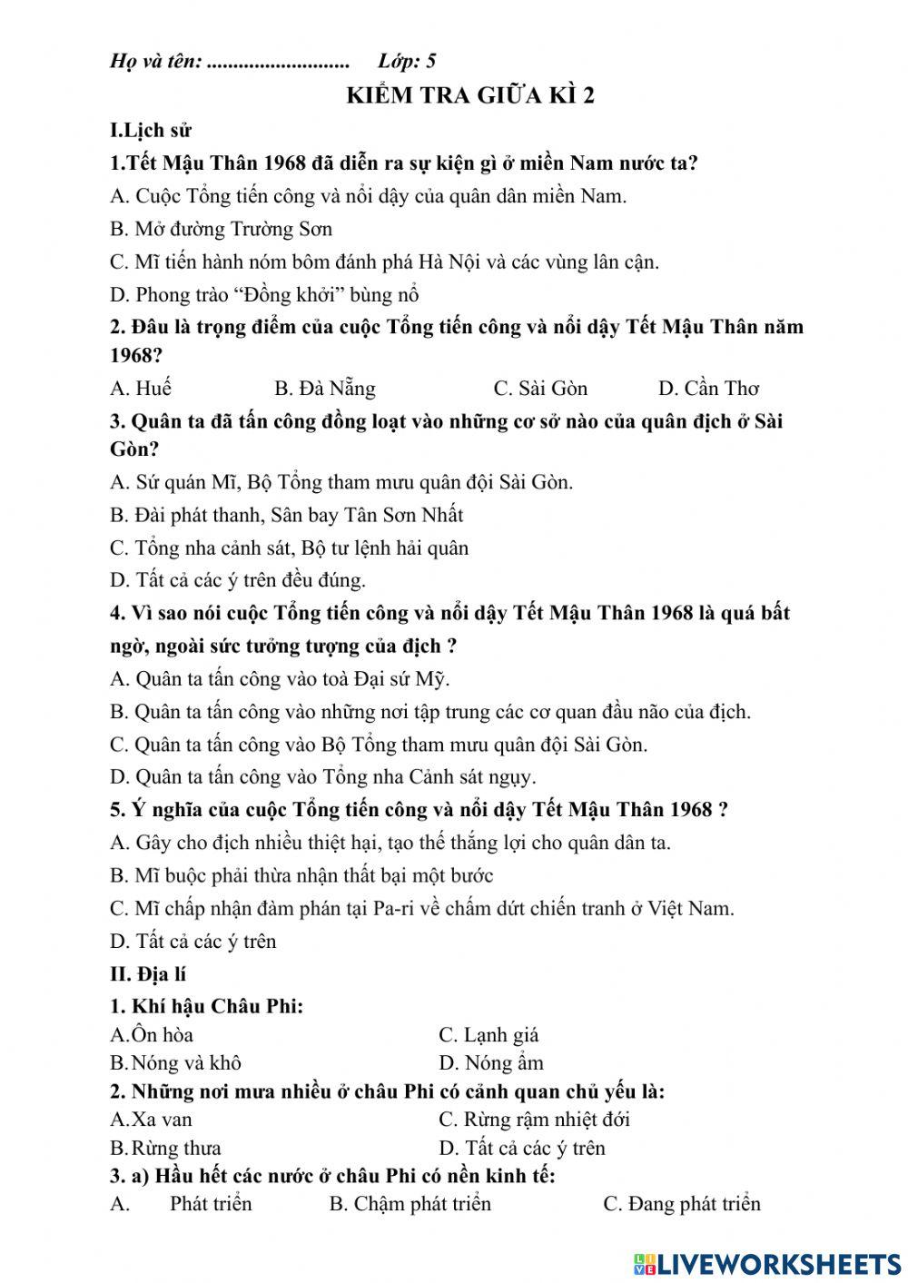 Kiểm tra Sử Địa giữa kì 2