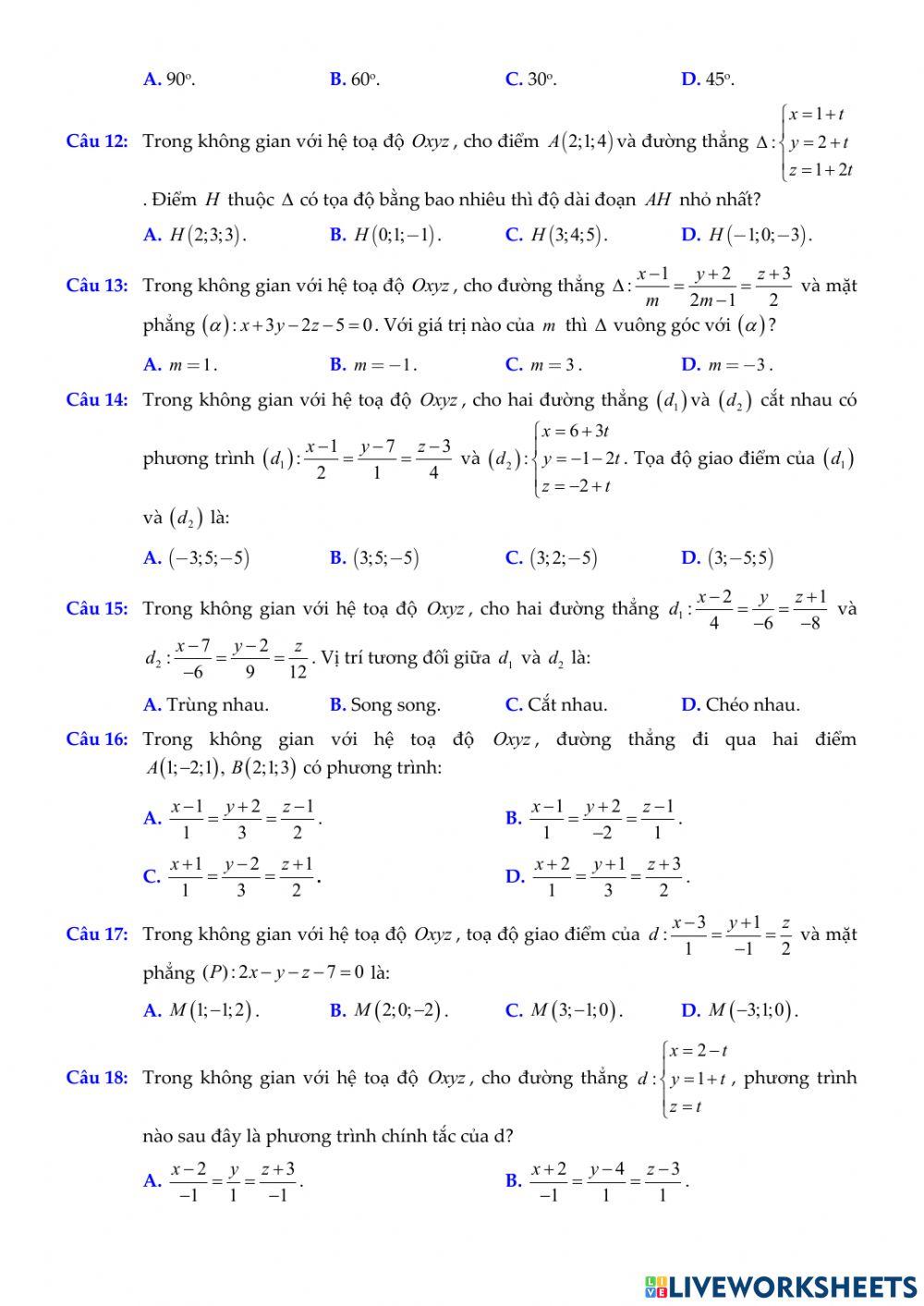 Chủ đề. Phương trình đường thẳng