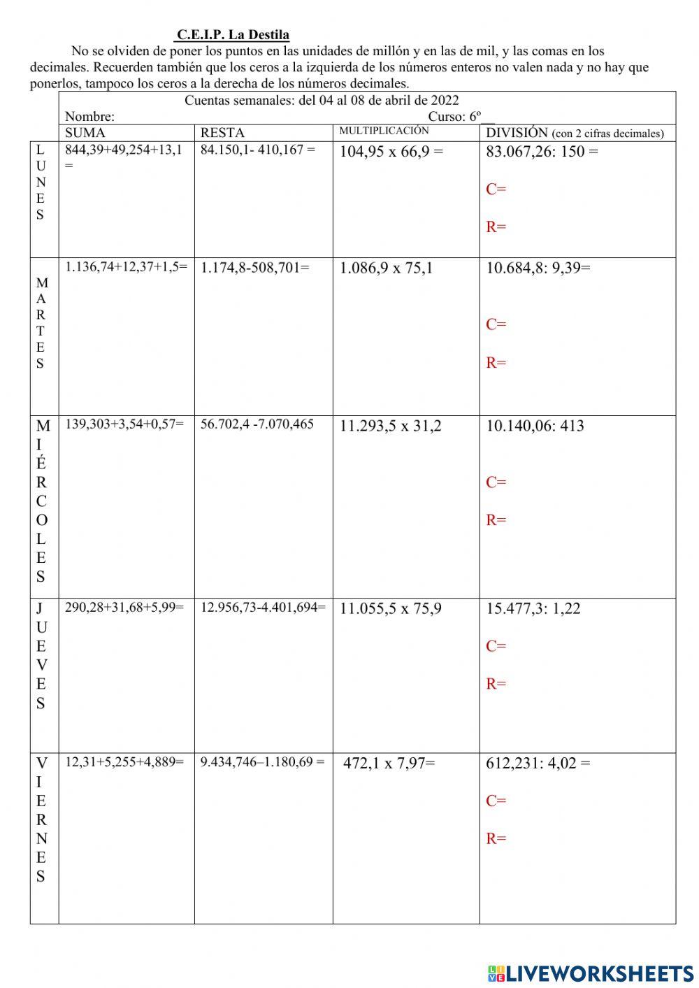 Cuentas semanales de sexto abril (I)