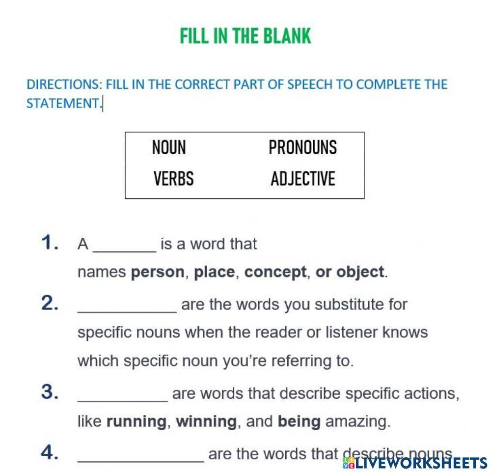 Parts of speech - fill in the blanks