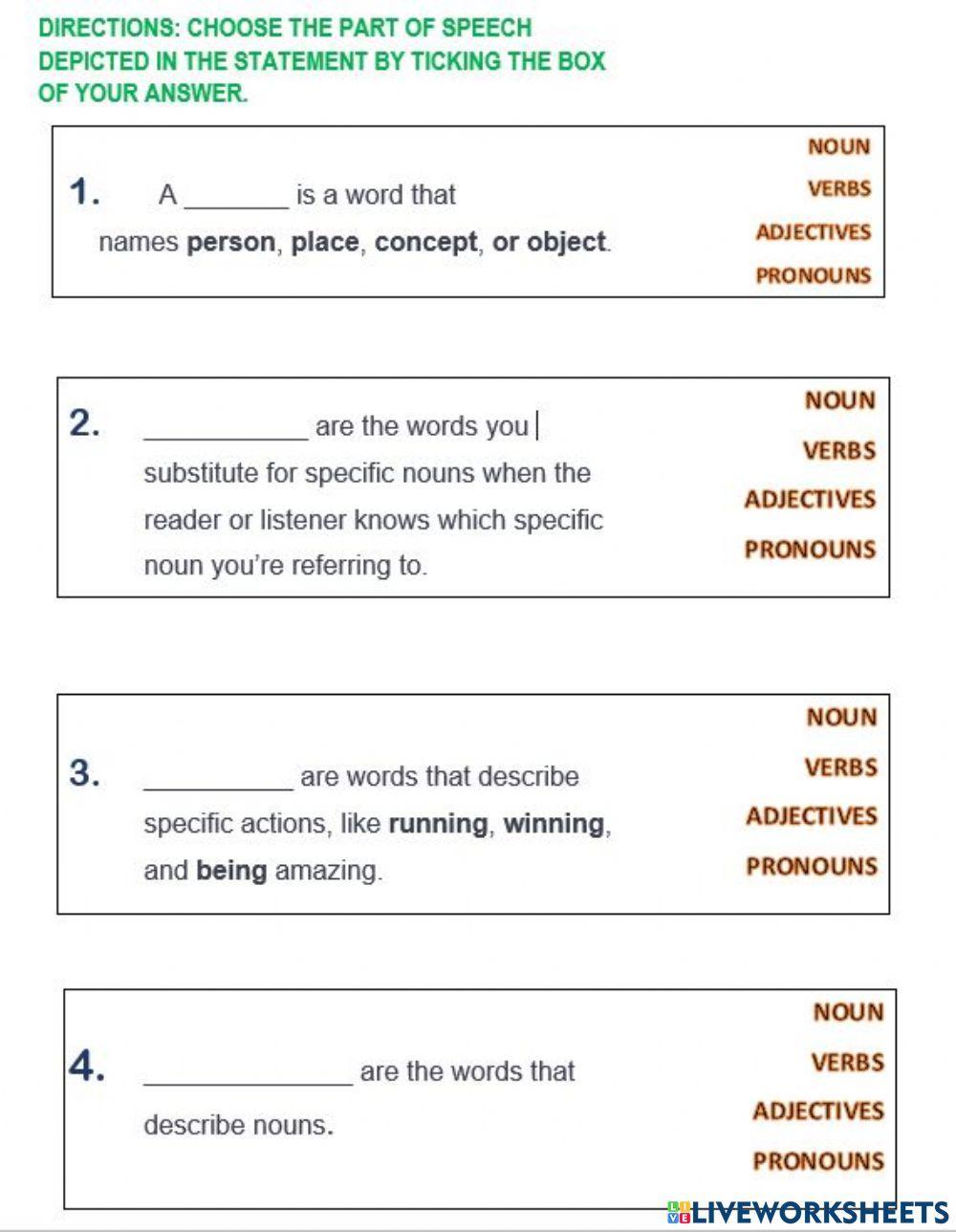 Parts of speech - tick boxes
