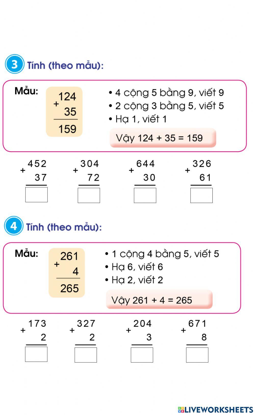 Phép cộng không nhớ trong phạm vi 1000 (Bài 3,4)