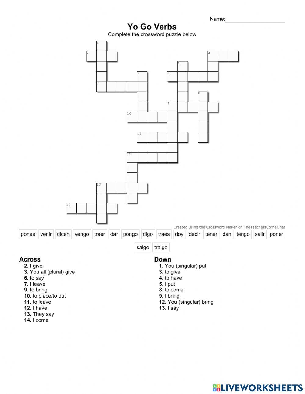 Yo Go Verbs Crossword worksheet Live Worksheets