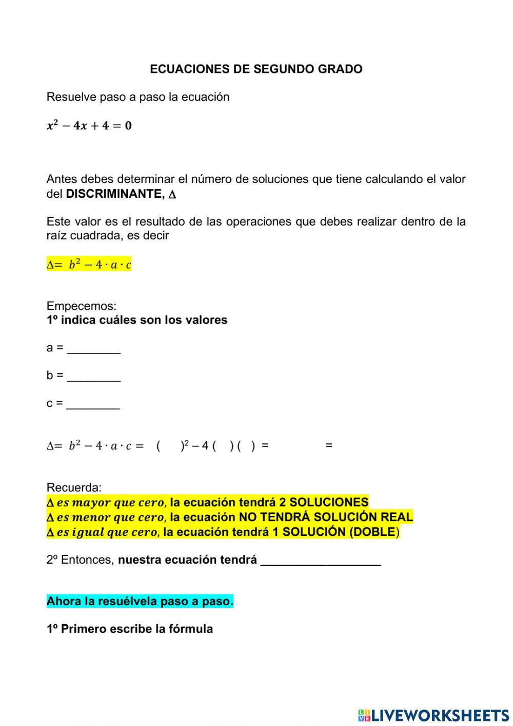 Ecuaciones de segundo grado paso a paso 3 worksheet Live Worksheets