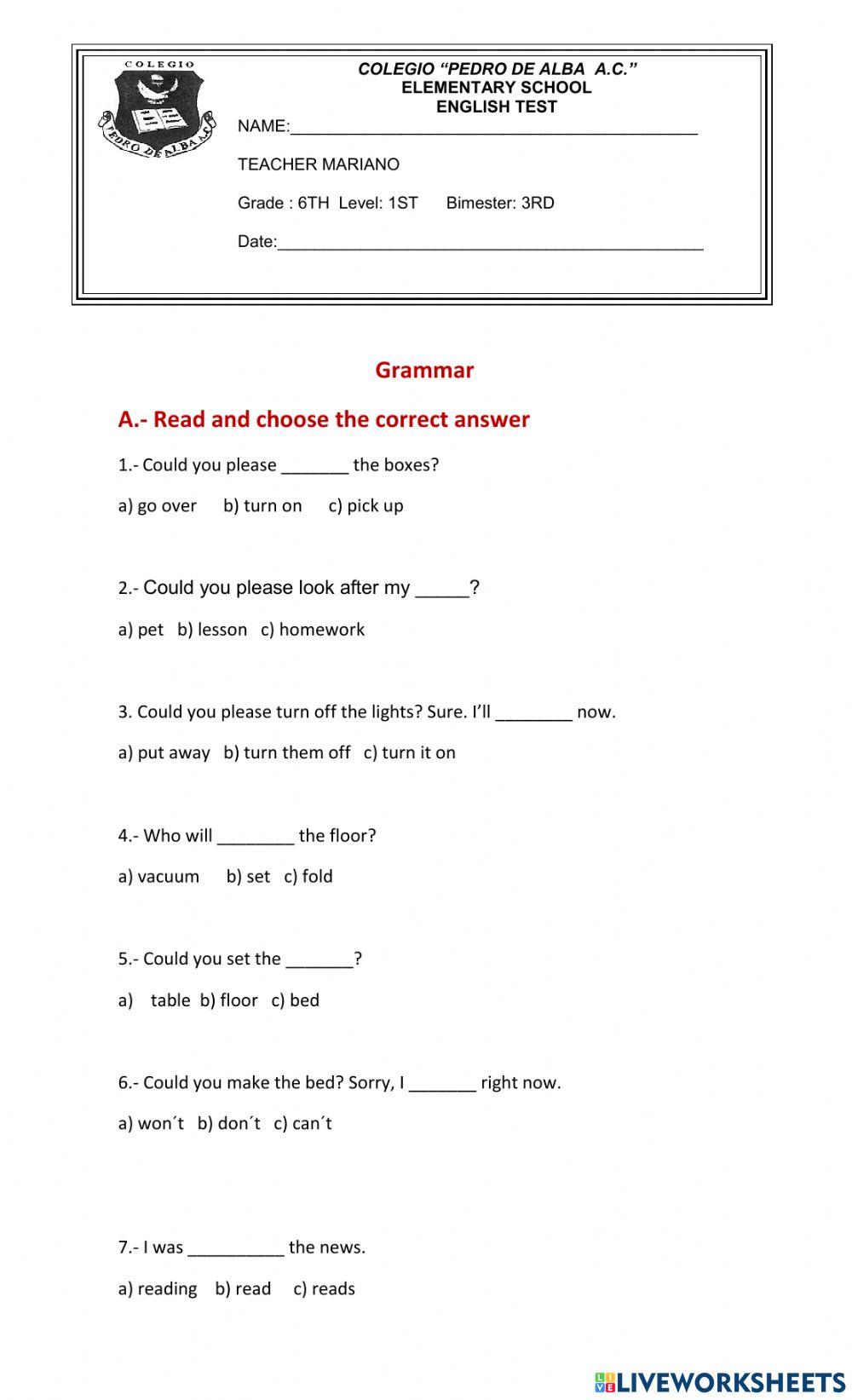 6th Grade exam Free Interactive Worksheets 1974808