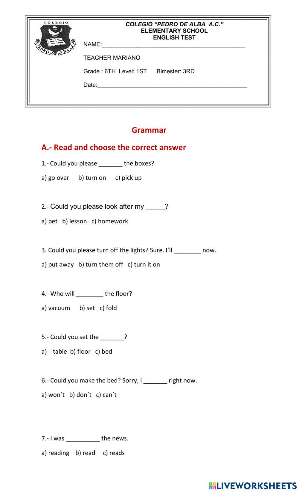 6th Grade exam