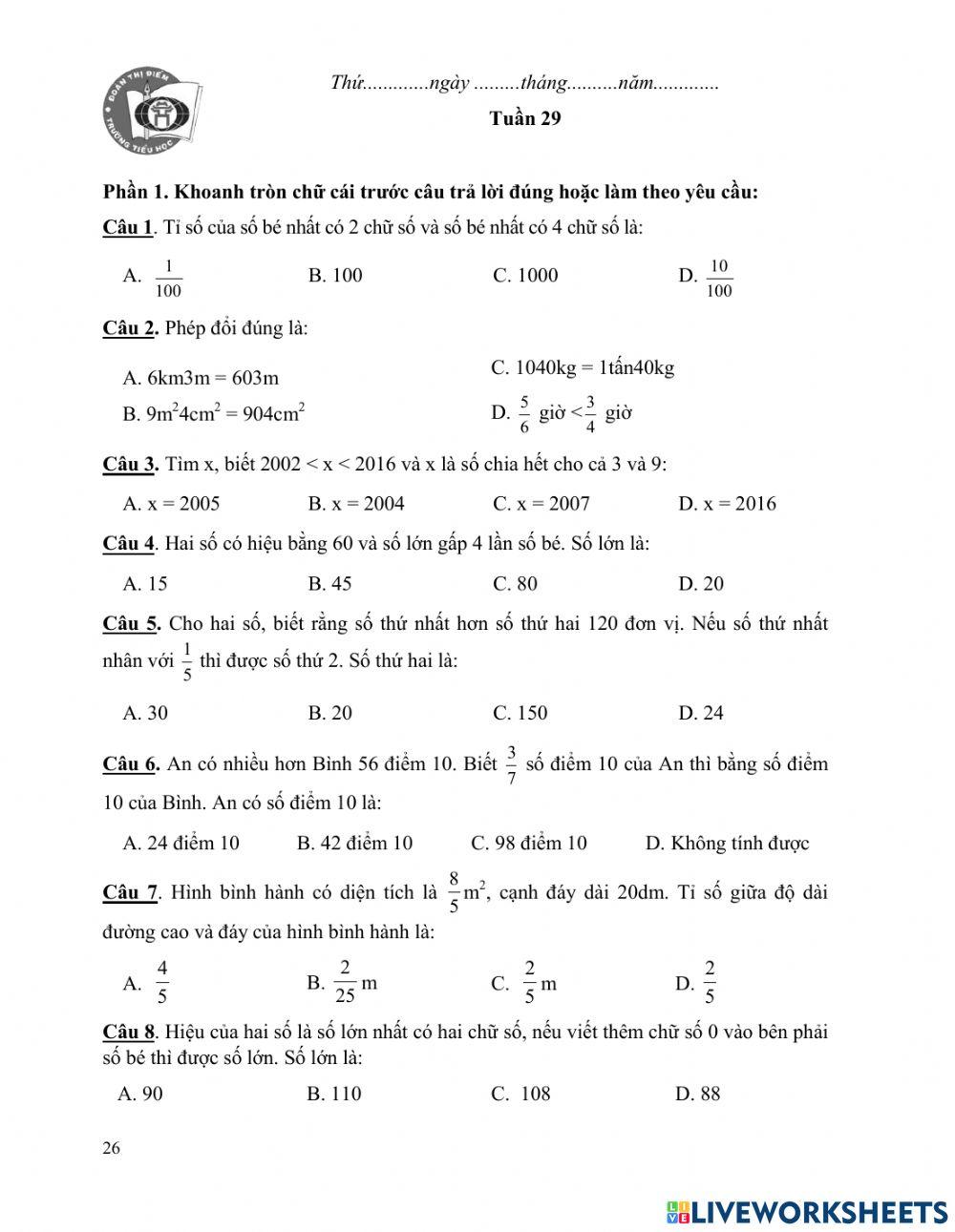BTCT Toán 4 tuần 29