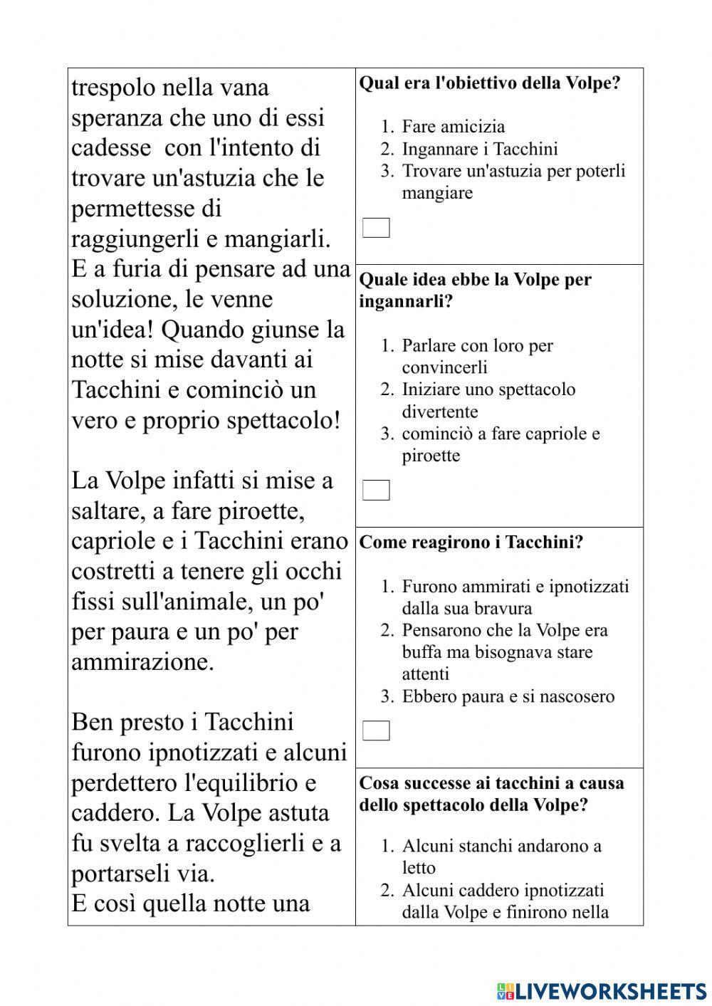 Comprensione del testo - La Volpe e i Tacchini -