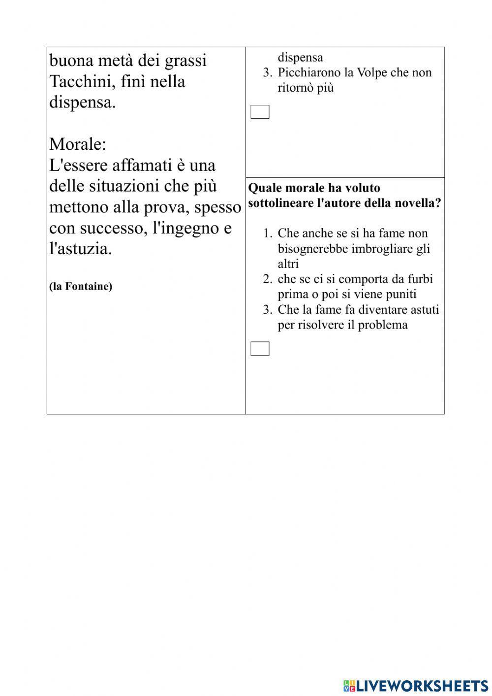 Comprensione del testo - La Volpe e i Tacchini -