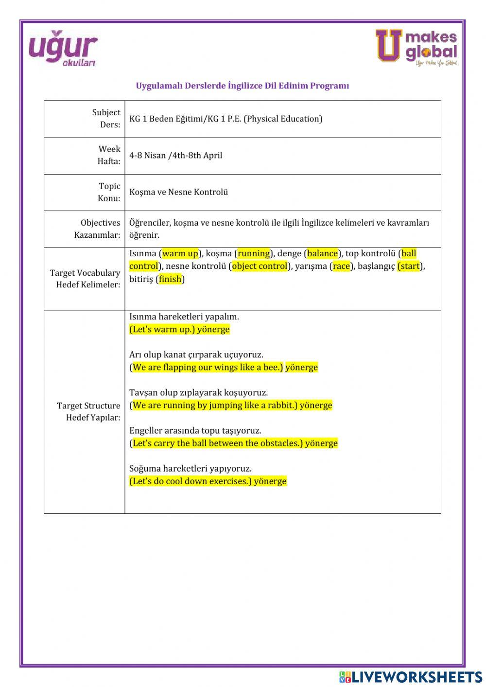 Beden Eğitimi-KG 1-4-8 Nisan