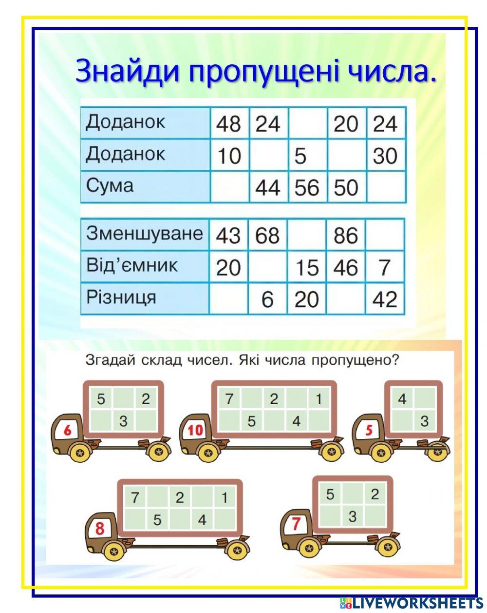 Склад чисел. знаходження невідомих компонентів