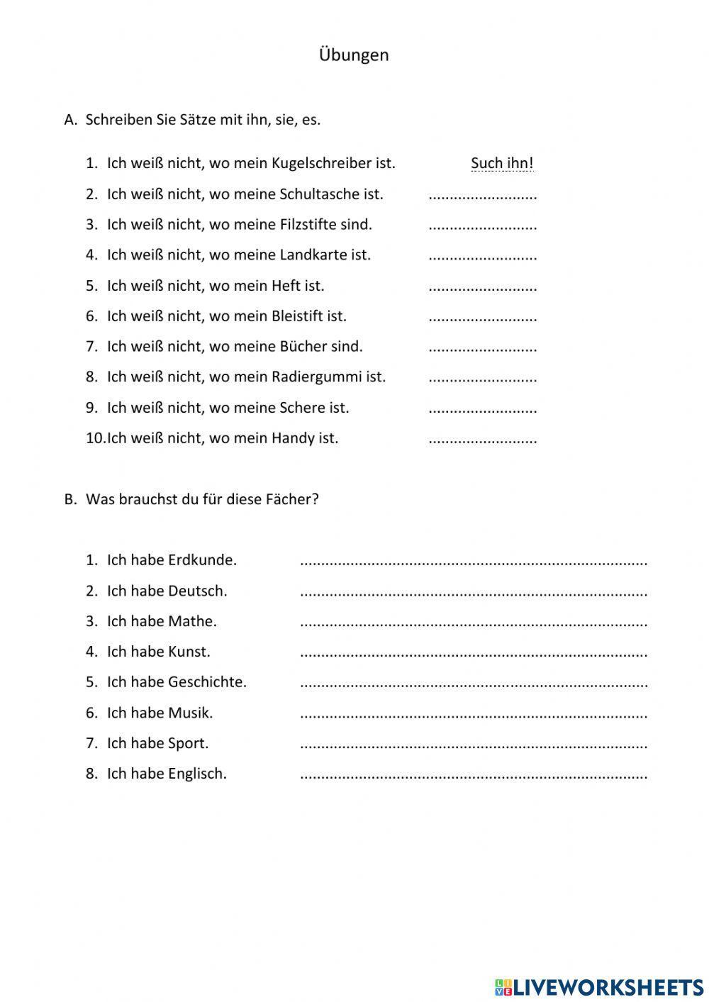 Fächer und Schulsachen