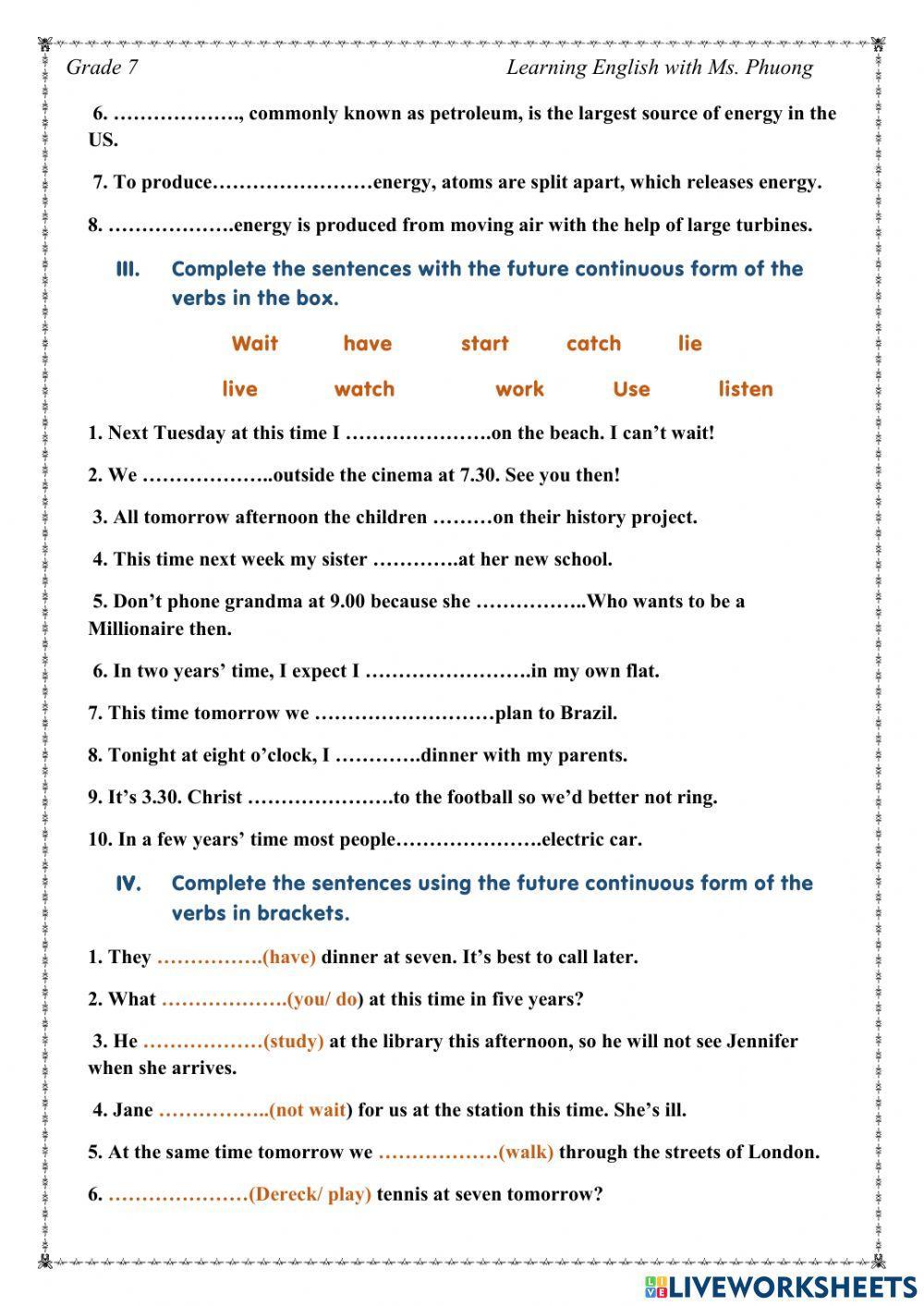 English 7- Unit 10 - Grammar -Future Continuous
