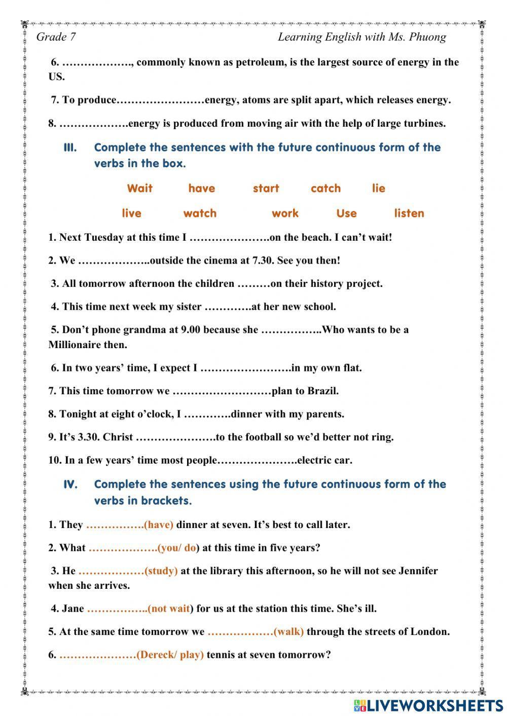 English 7- Unit 10 - Grammar -Future Continuous