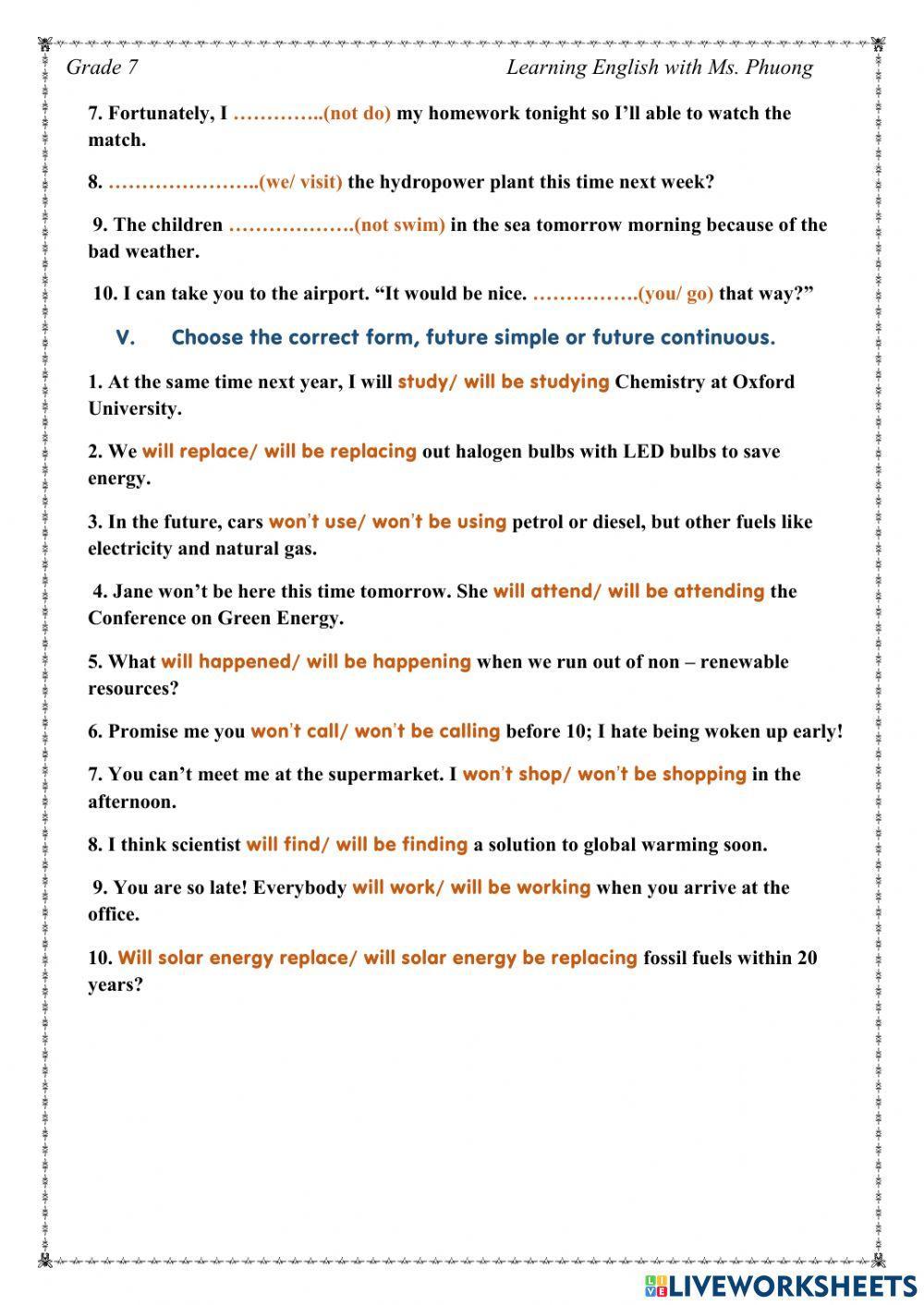 English 7- Unit 10 - Grammar -Future Continuous