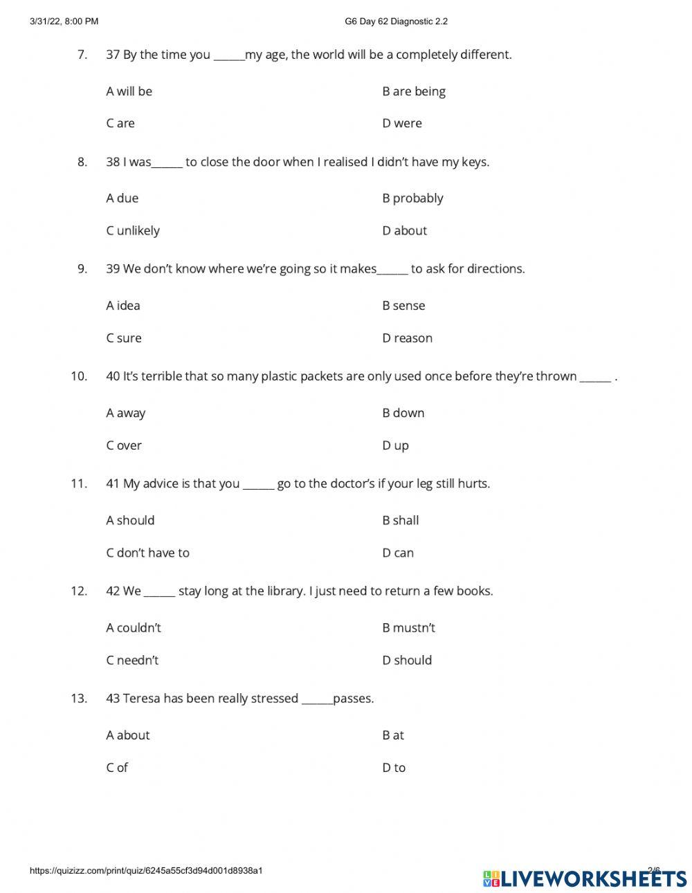 Day 62 diagnostic test 2.2