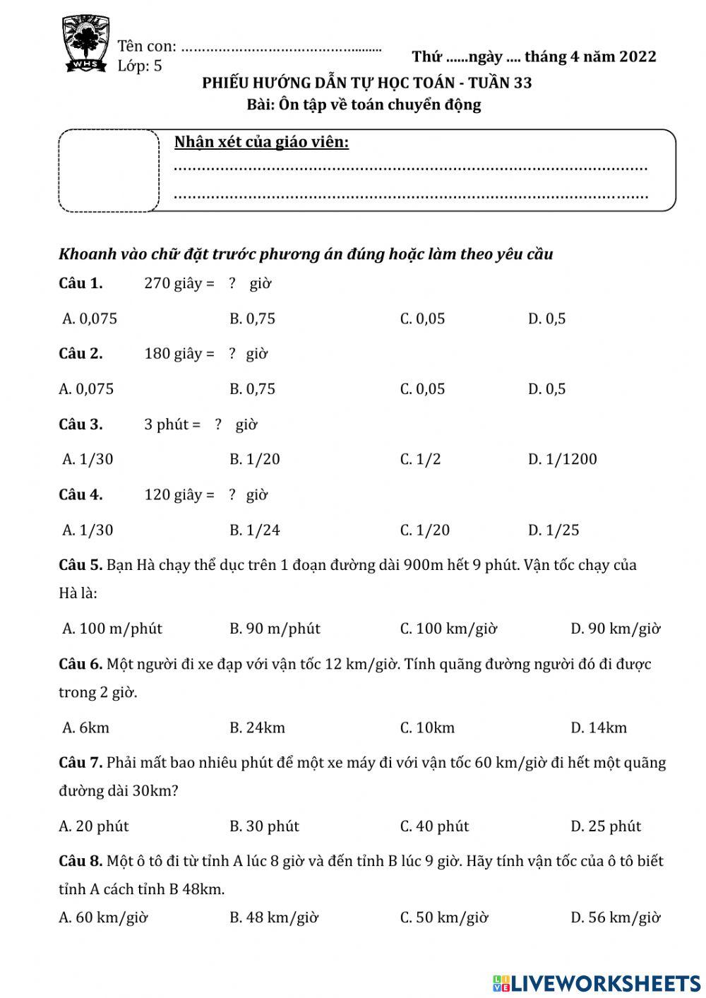 Ôn tập chuyển động (T2)