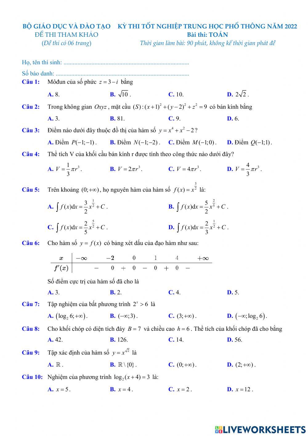 BGD-Đề tham khảo tốt nghiệp THPT năm 2022