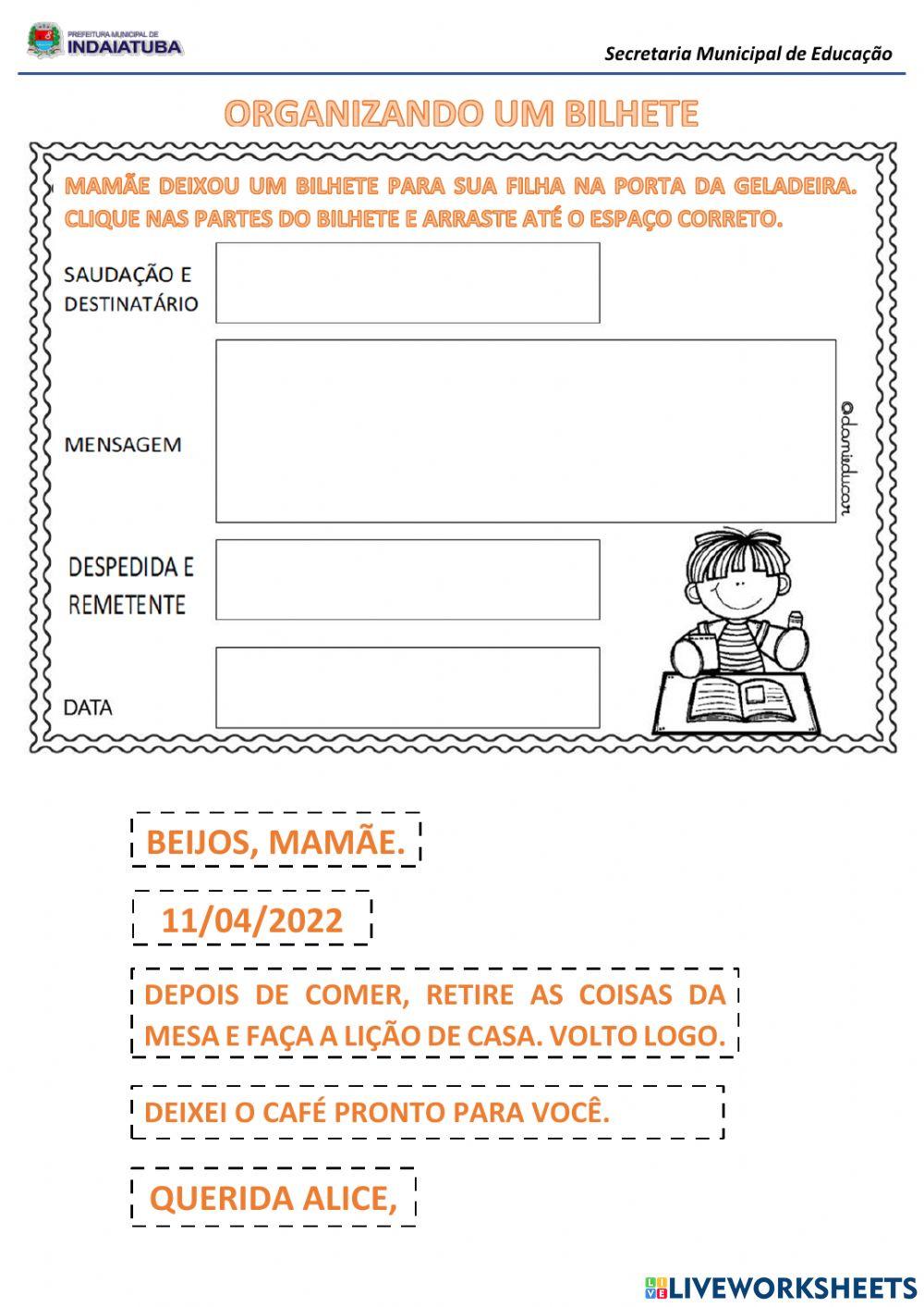 Organizando um bilhete