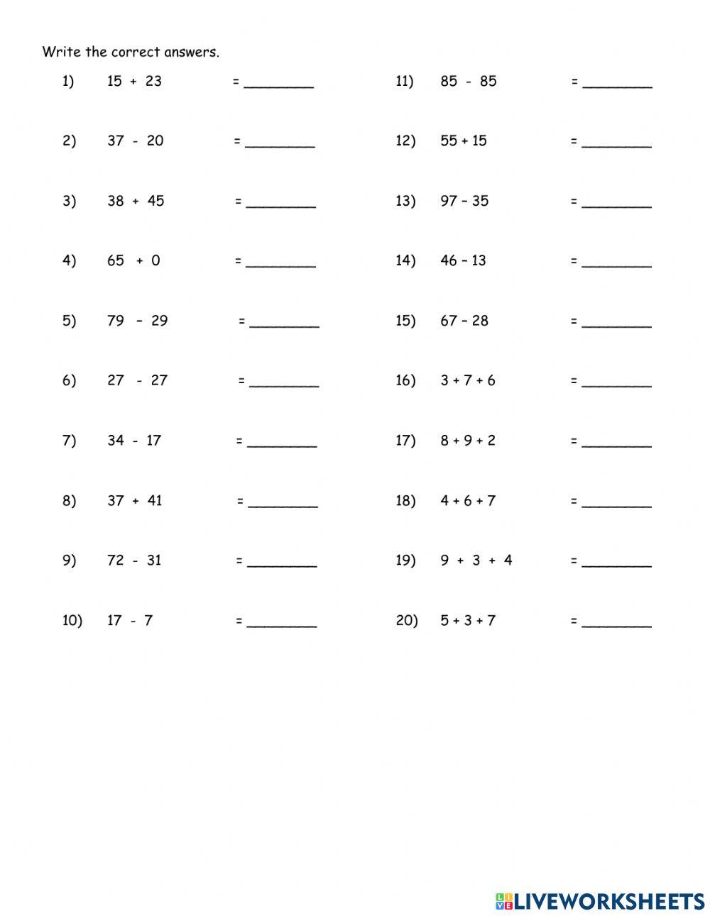 Mixed Addition and Subtraction interactive worksheet Live Worksheets