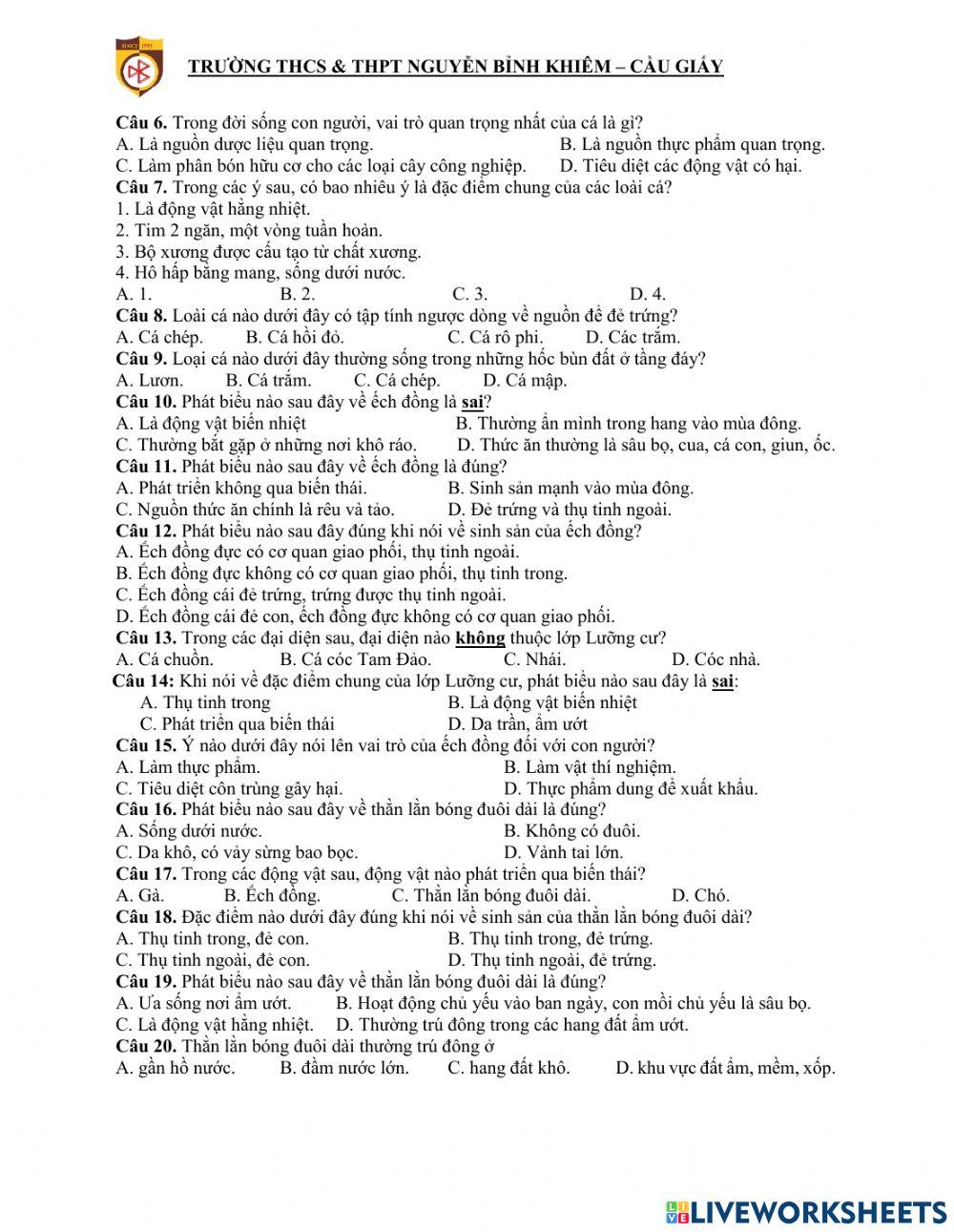 Đề cương ôn thi giữa học kì ii - MÔN SINH LỚP 7