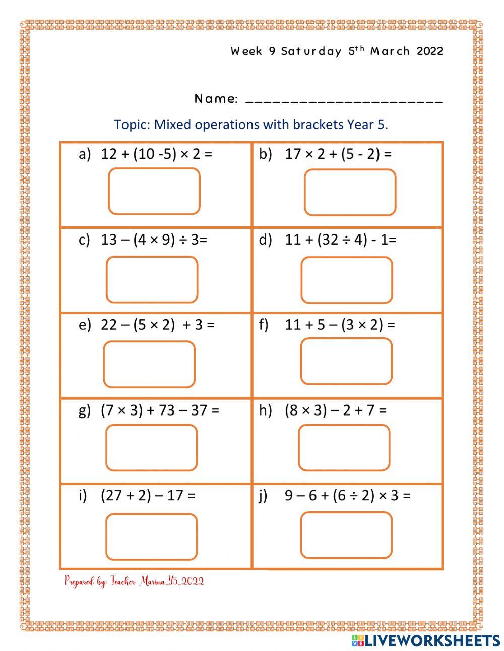 Mixed Operations With Brackets online exercise for | Live Worksheets