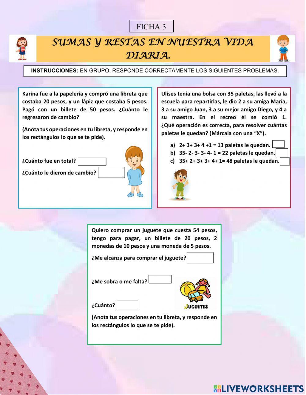 Sumas y restas en nuestra vida diaria. Ficha 3.