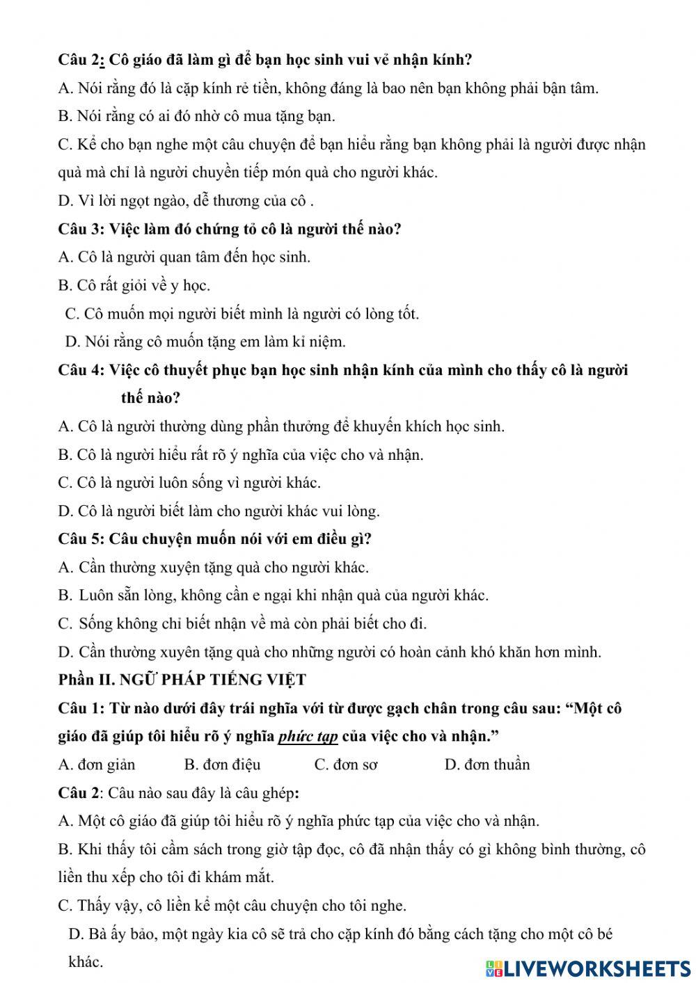 Tiếng Việt lớp 5 - Đọc hiểu văn bản