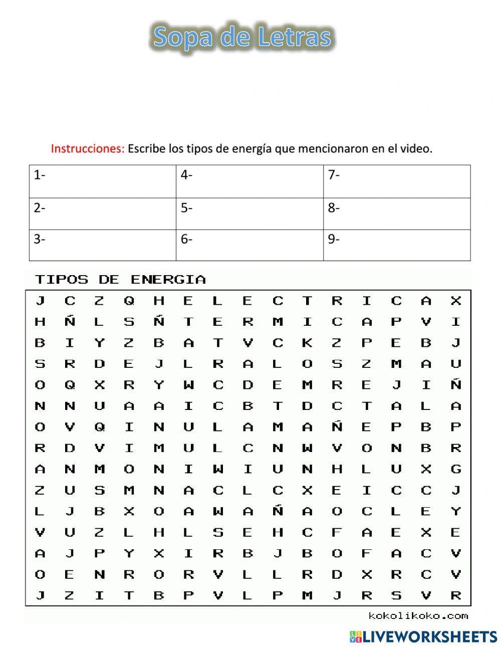 Tipos de Energia - Sopa de Letras Tipos de Energia - Sopa de Letras