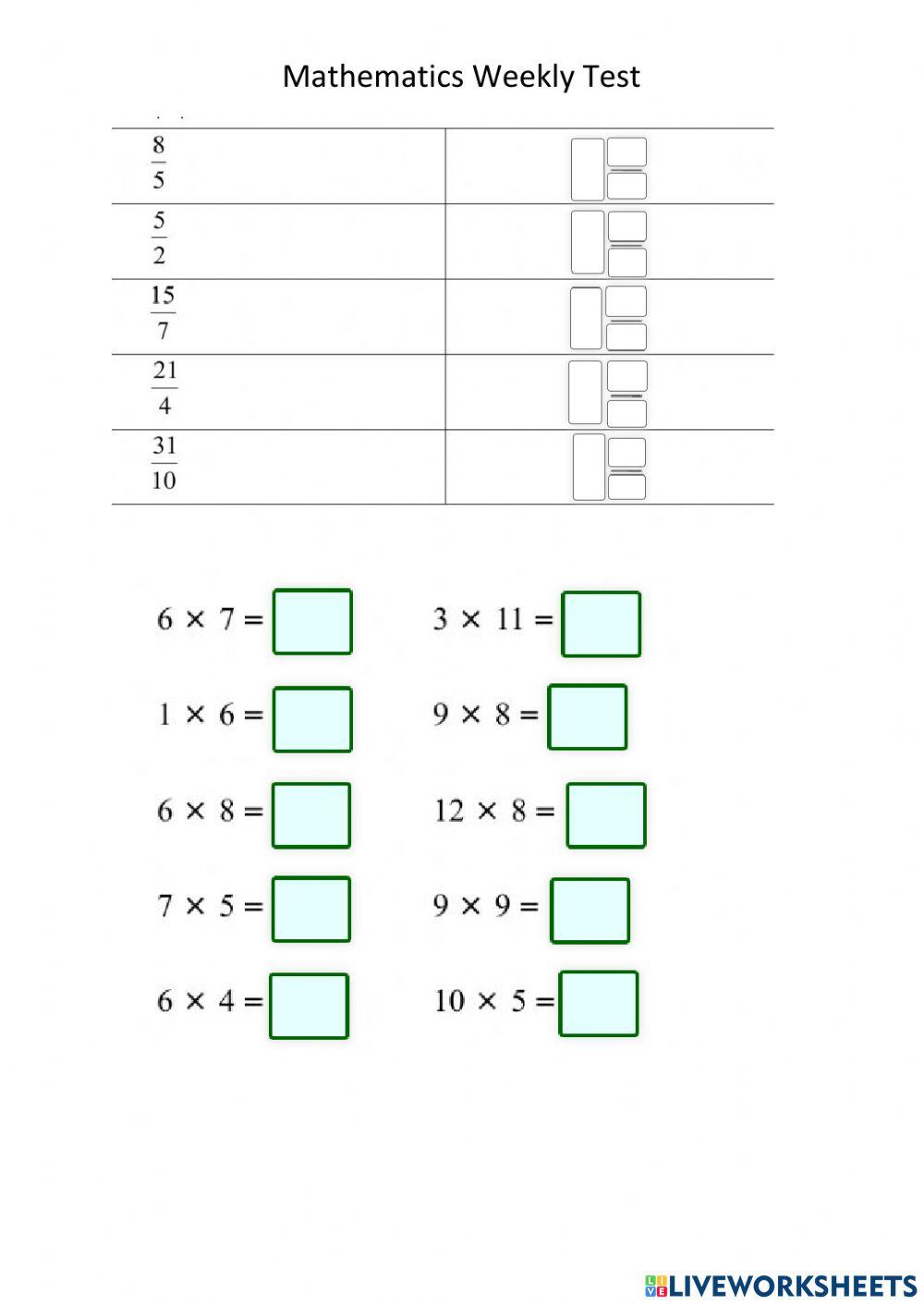 Mathematics Weekly Test 