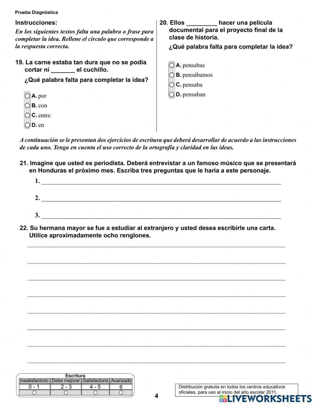 Prueba diagnostica de español sexto grado